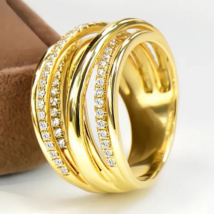 Gold Multi-Layer Geometric Cubic Zirconia Wedding Band Ring for Women