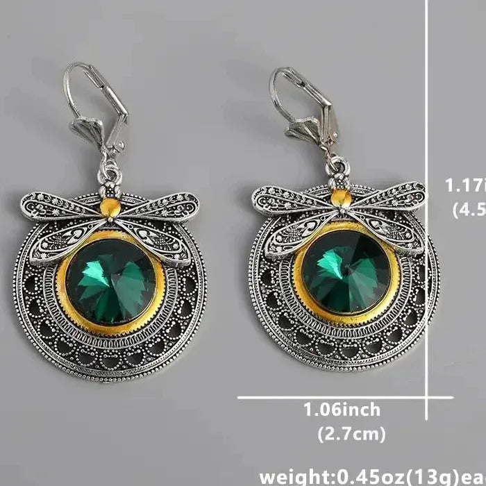 Green Crystal Dragonfly Drop Earrings Zinc Alloy Women’s Party Jewelry
