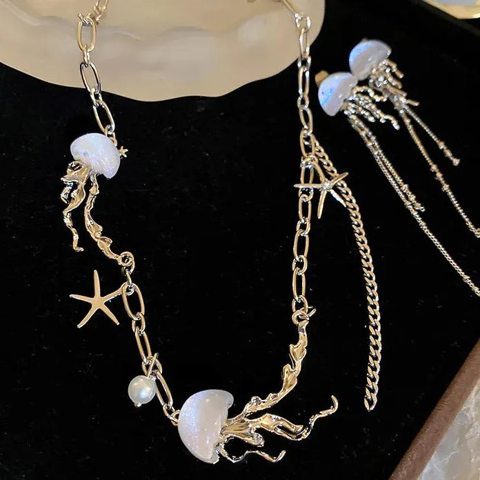 Silver Moonstone Starfish Jellyfish Pendant Necklace Women Vintage Tassel Jewelry