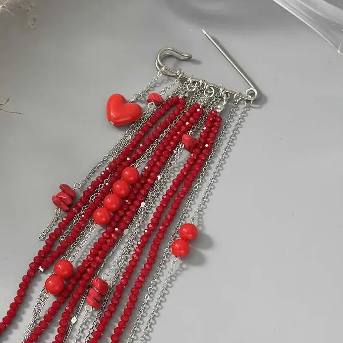 Red Crystal Heart Brooch with Tassel Chain Pendant Jewelry for Women Men