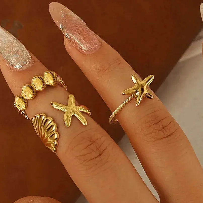 3Pcs Women's Ocean Starfish Shell Open Rings Gold Stainless Steel Jewelry Set