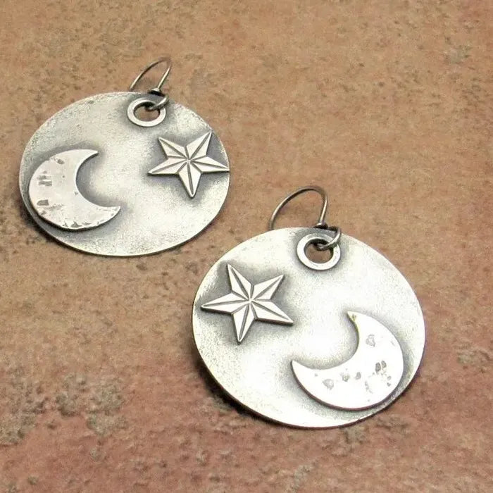 Vintage Women's Round Carved Star Moon Tulip Flower Zinc Alloy Metal Earrings