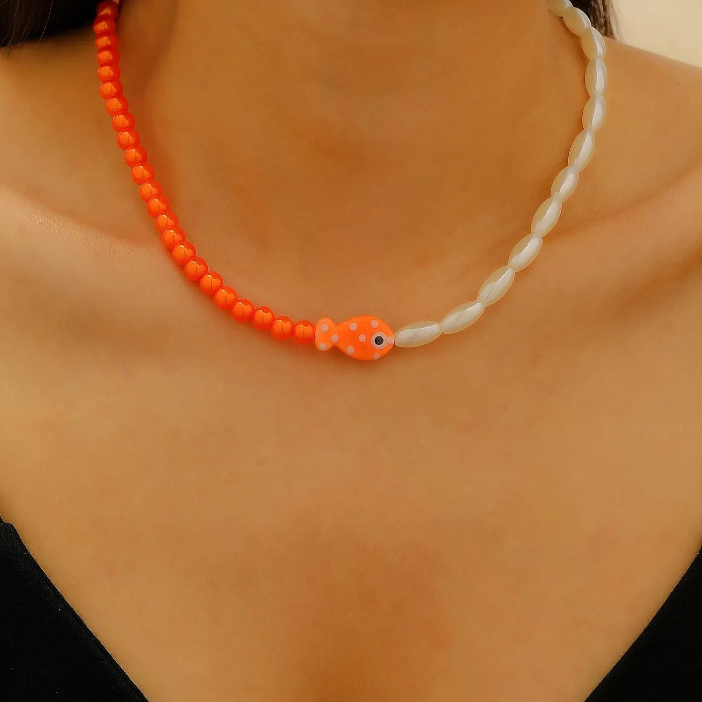 Handmade Rope Ceramic Fish Conch Pendant Necklace Women Starfish Shell Choker Jewelry