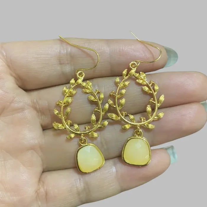 Handmade Bridal Earrings Gold Plant Branch Leaf Design Zinc Alloy Gemstone Pendant