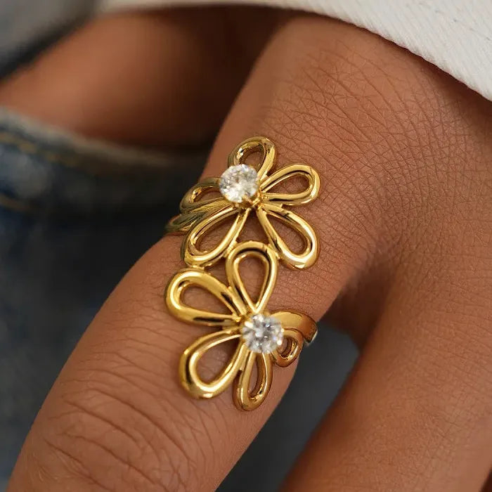 Adjustable Gold Color Stainless Steel Flower Ring Women Geometric Jewelry