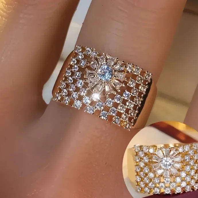 Wide Band Cubic Zirconia Cocktail Ring for Women Gold Silver Jewelry Party
