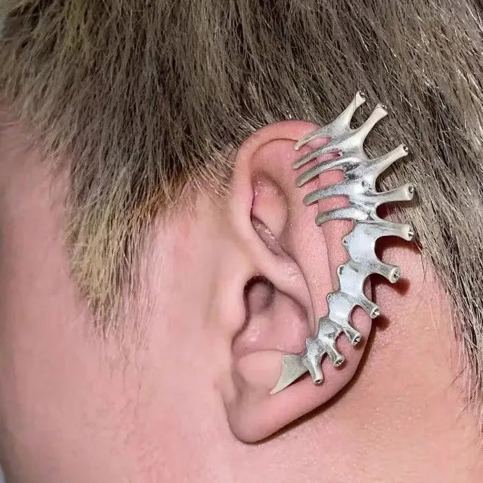 Vintage Punk Silver Thorn Spine Bone Clip-On Earrings Hiphop Jewelry Gift