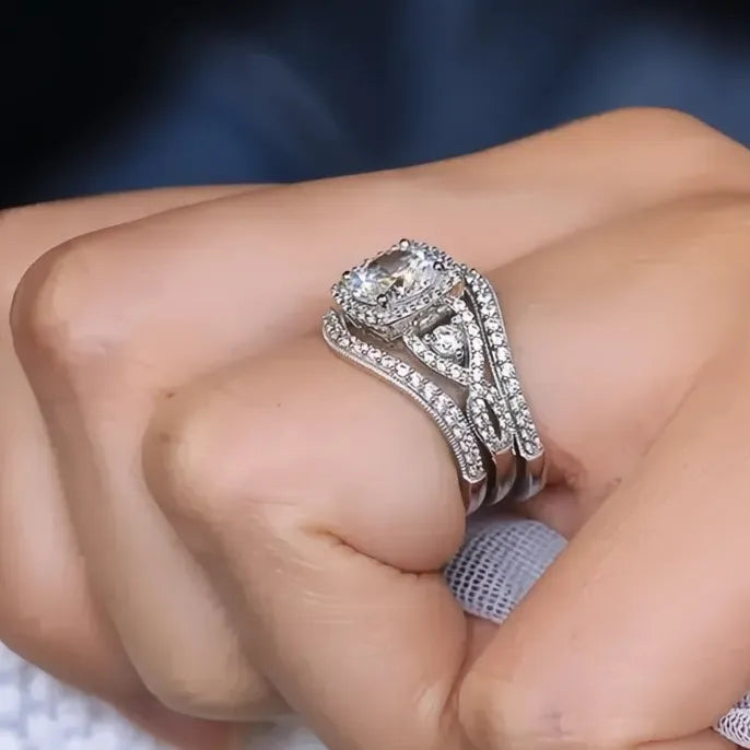 Women’s 3-Piece Cubic Zirconia Bridal Wedding Ring Set in Brass
