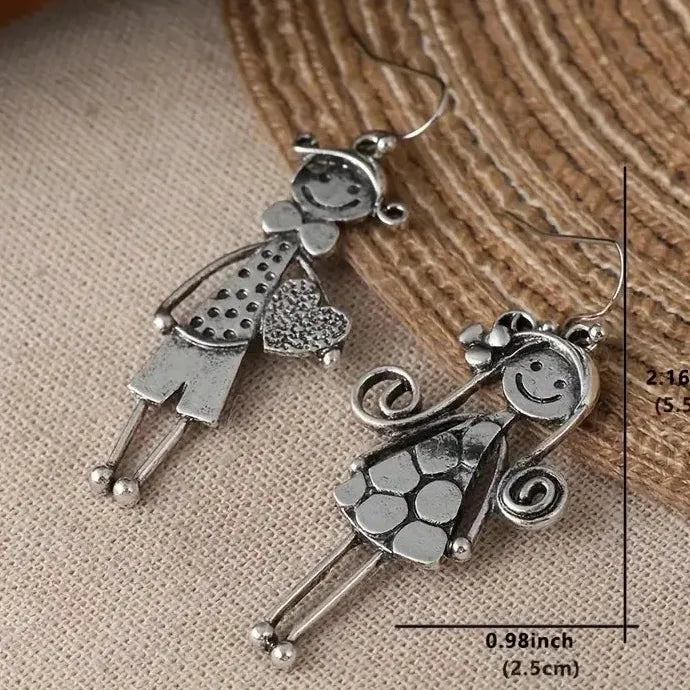 Creative Retro Minimalist Couple Character Zinc Alloy Metal Pendant Earrings for Women