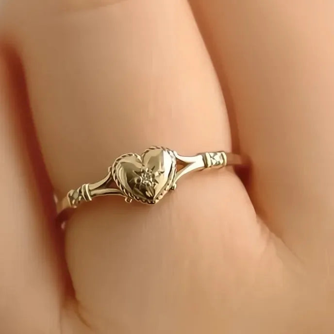 Gold Heart Ring for Women Copper Cubic Zirconia Wedding Band Engagement Jewelry