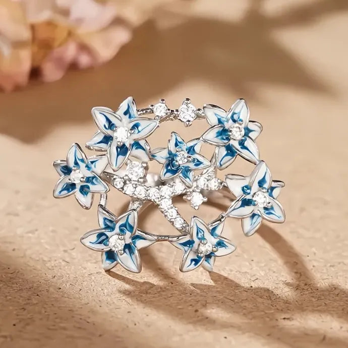 Blue Flower Women Ring Shiny CZ Inlaid Brass Cocktail Party Anniversary Gift