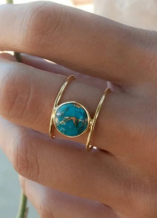 Bohemian Large Round Turquoise Stone Zinc Alloy Ring for Women Vintage Boho Band