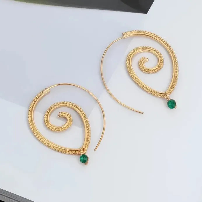 Big Spiral Drop Earrings with Green CZ Charm for Women Hip Hop Girls