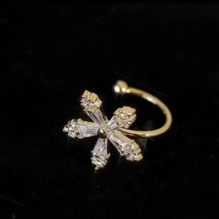Korean Crystal Flower Butterfly Stainless Steel Clip-On Ear Cuffs for Women