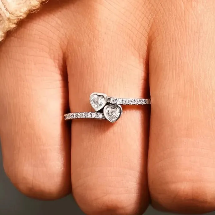 Double Heart Shaped Brass Ring for Women Cubic Zirconia Wedding Band Fashion Jewelry