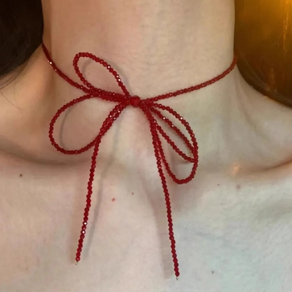 Vintage Red Crystal Bead Bow Necklace Women Girls Long Tassel Choker Y2K Jewelry