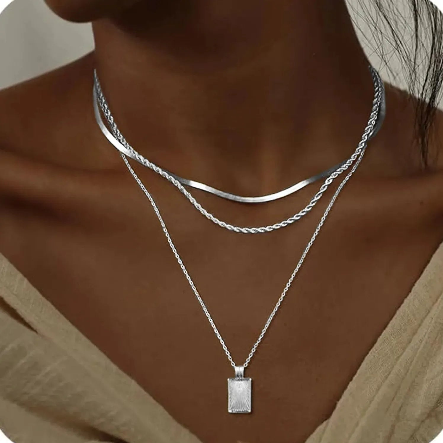 Three Layer Stainless Steel Chain Necklace for Women Square Pendant Choker Geometric Design