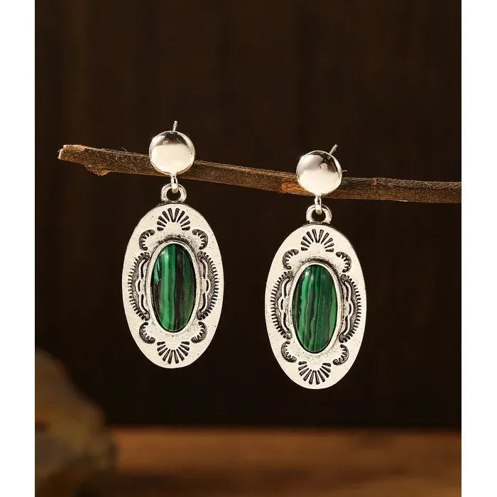 Vintage Bohemian Geometric Green Gemstone Pendant Earrings for Women Zinc Alloy