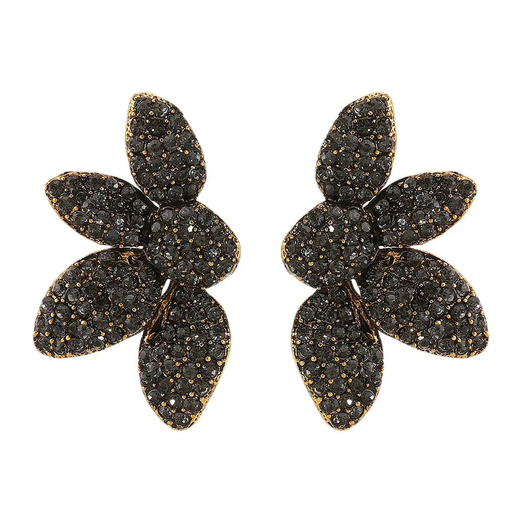 Vintage Black Zircon Crystal Plant Stud Earrings for Women Nature Jewelry