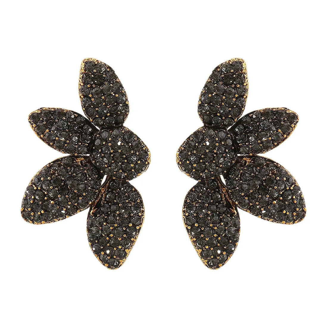 Vintage Black Zircon Crystal Plant Stud Earrings for Women Nature Jewelry