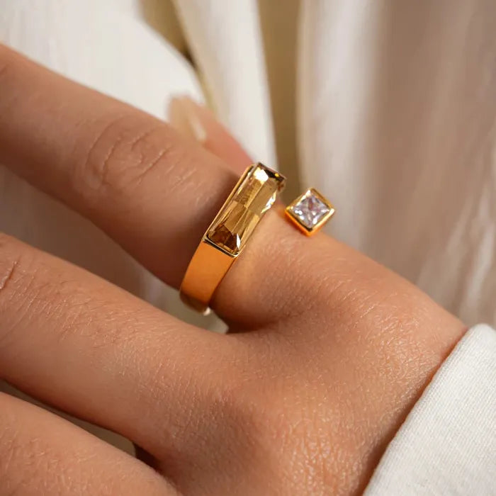 Adjustable Luxury Gold Zircon Geometric Square Ring for Women Party Jewelry Gift