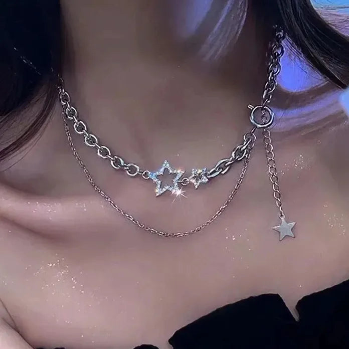 Y2K Zinc Alloy Star Zircon Pendant Necklace Women Punk Clavicle Chain
