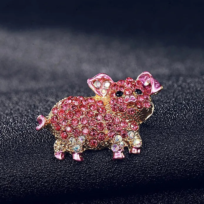Retro Pink Pig Rhinestone Crystal Animal Brooch Pin for Women