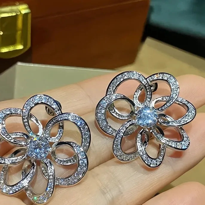 Women's Hollow Flower Brass Alloy CZ Drop Earrings Luxury Wedding Jewelry