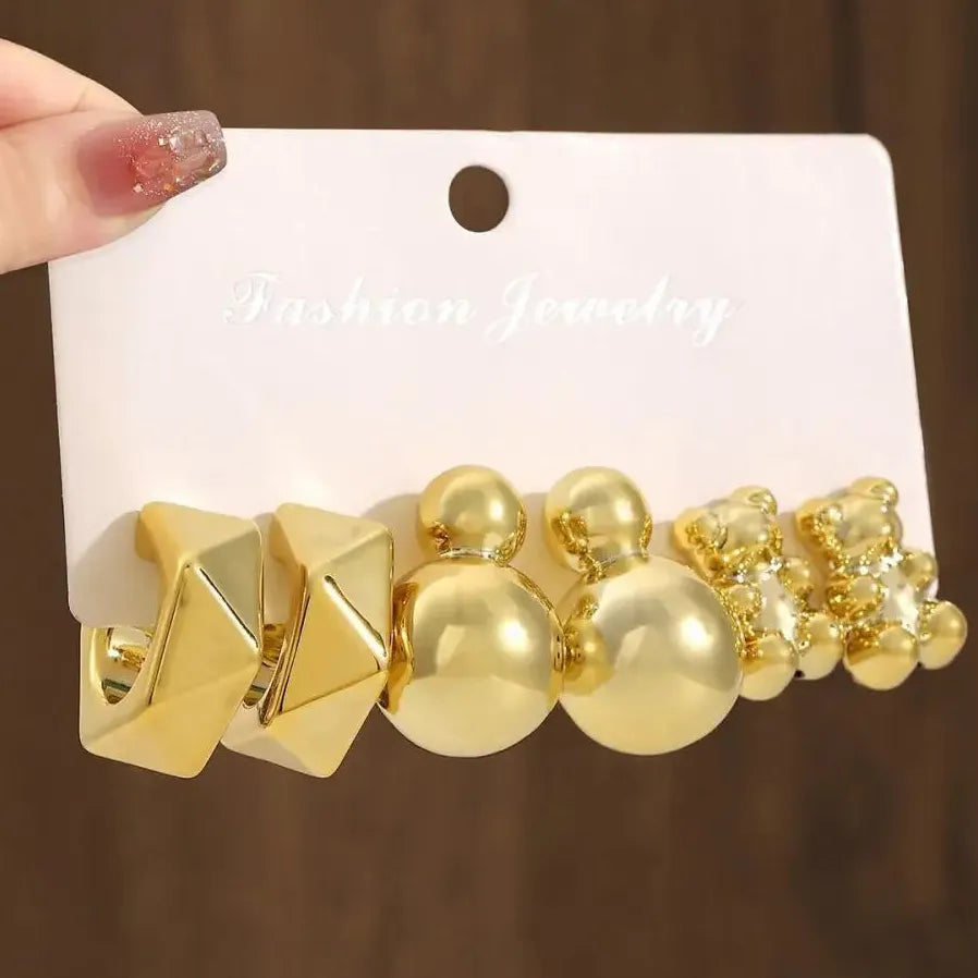 6Pcs Gold Heart Bear Drop Earrings Women Twisted Metal C-Shape Jewelry Gift