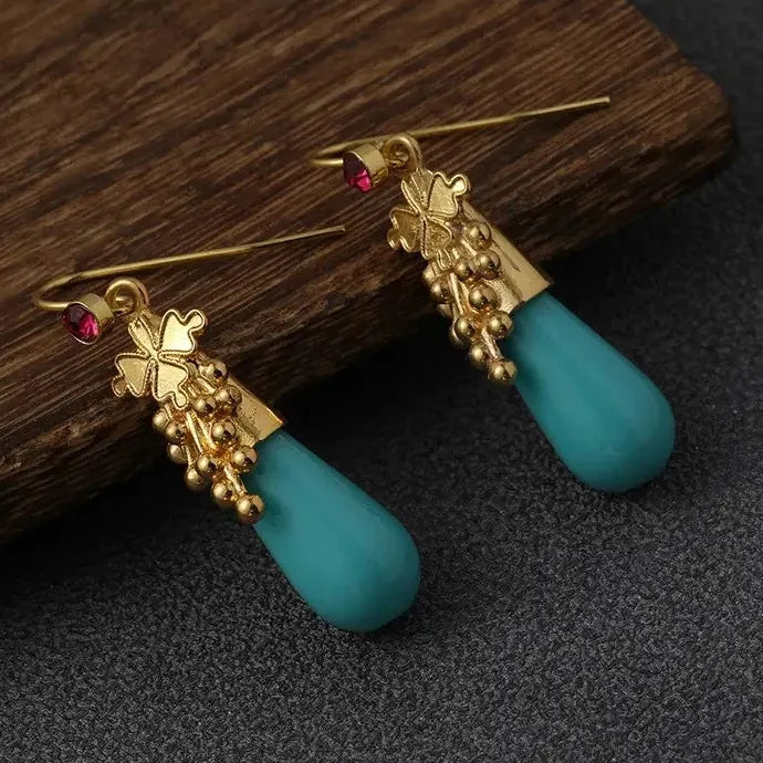 Waterdrop Green Stone Dangle Earrings for Women Gold Color Zinc Alloy Jewelry