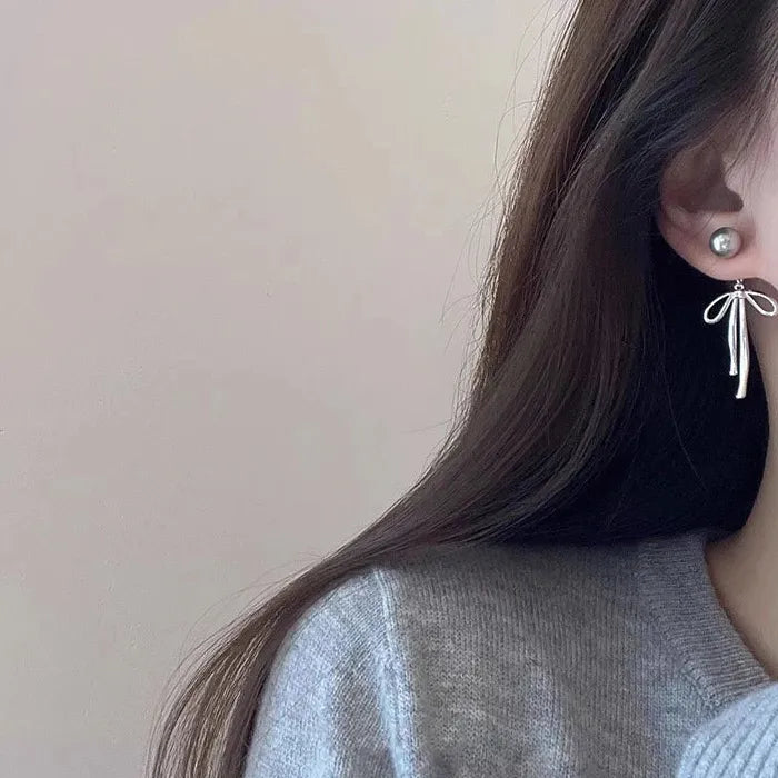 Moon Gray Pearl Stud Earrings Copper Moon Bowknot Jewelry Gift Women