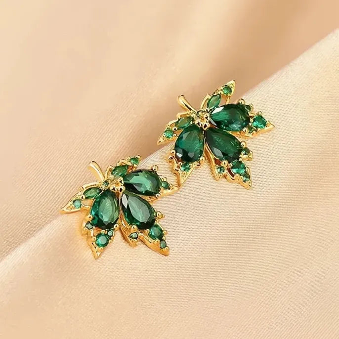 Gold Maple Leaf Stud Earrings with Cubic Zirconia Copper Alloy Jewelry for Women