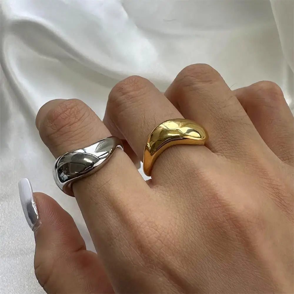 18K Gold Plated Two Tone Wavy Dome Chunky Ring for Women Waterproof Couple Jewelry