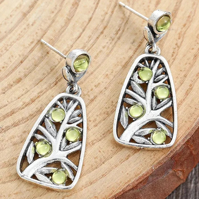 Handmade Vintage Bohemian Christmas Tree Earrings with Green Synthetic Stone Pendant