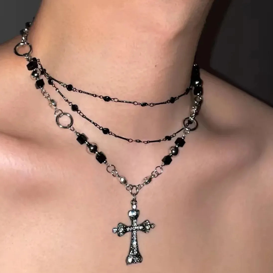 Neo-Gothic Rhinestone Cross Pendant Necklace Punk Choker for Women