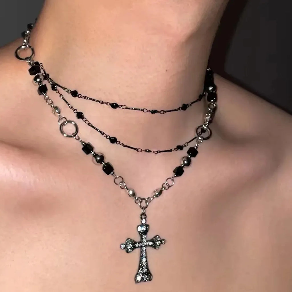 Punk Zircon Cross Pendant Necklace Gothic Jewelry for Men Women Stylish