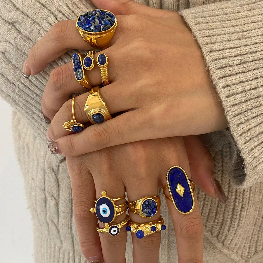 18K Gold Plated Goth Evil Eye Ring Blue Natural Stone Chunky Knuckle Jewelry