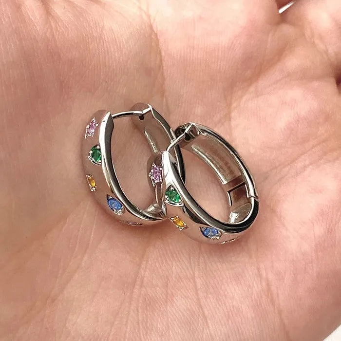 Rainbow Zircon Geometric Hoop Earrings Stainless Steel for Women