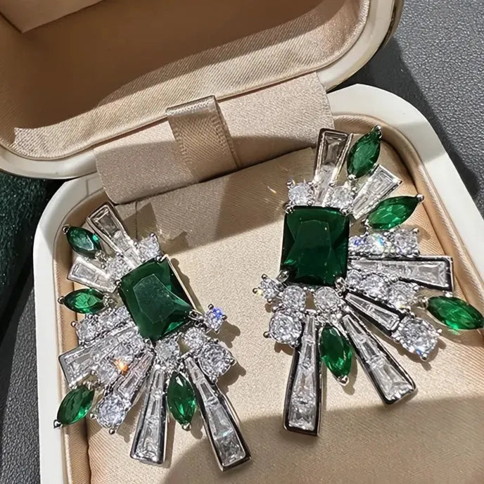 Luxury Women Geometric Copper Alloy Stud Earrings Inlaid Green White CZ Jewelry Gift