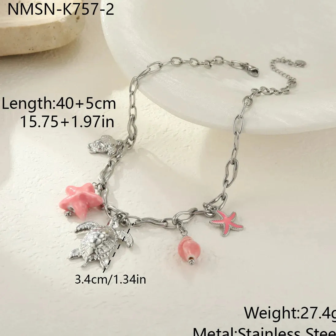 Stainless Steel Pink Starfish Conch Shell Pendant Necklace Waterproof Choker Jewelry