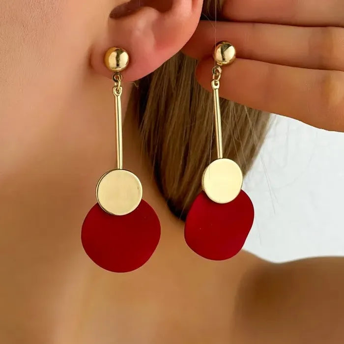 Retro Irregular Geometric Gold Metal Drop Earrings with Red Pendant for Ladies
