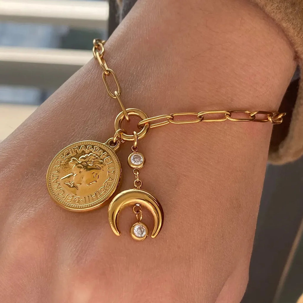 Punk Stainless Steel Moon Pendant Pearl Zircon Bracelet Bangle Women Gift