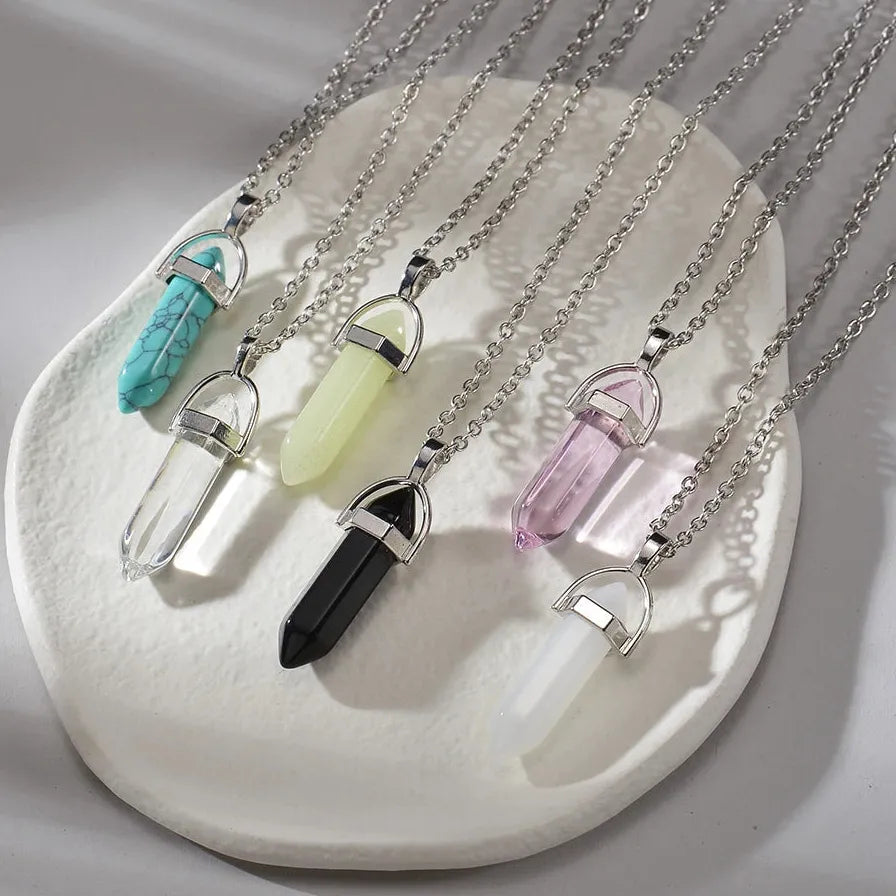 Pink Crystal Quartz Hexagonal Column Pendant Necklace for Women Jewelry