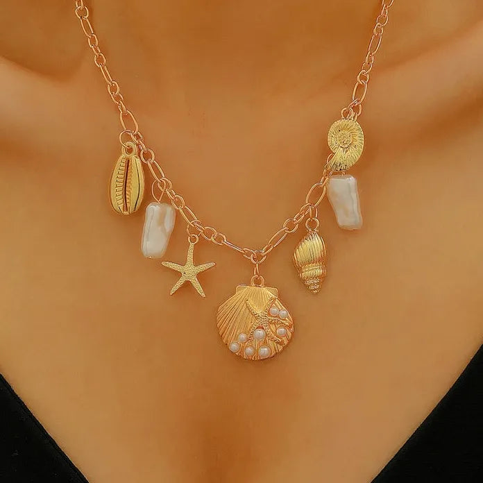 Bohemian Starfish Conch Pearl Necklace with Zinc Alloy Shell Pendant