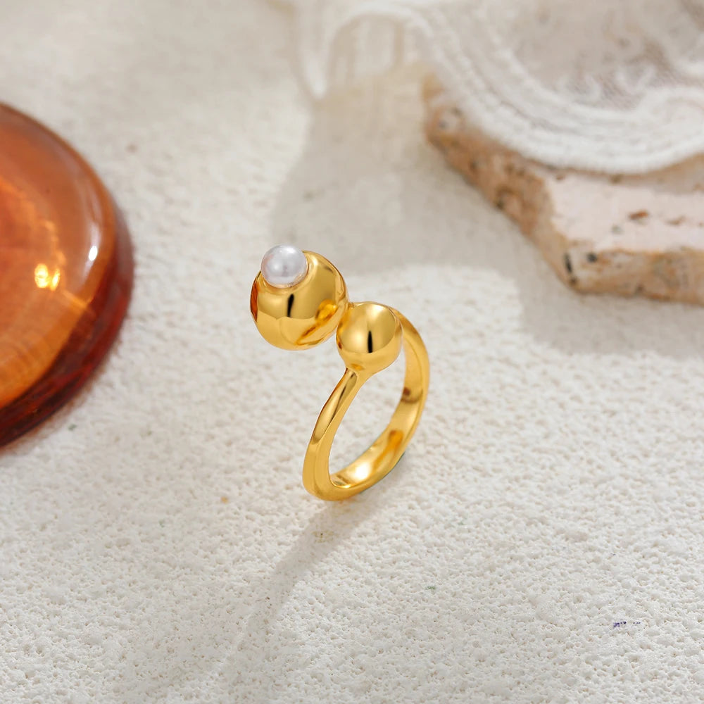 18K Gold Plated Stainless Steel Pearl Knuckle Ring Thick Metal Ball Fashion Jewelry