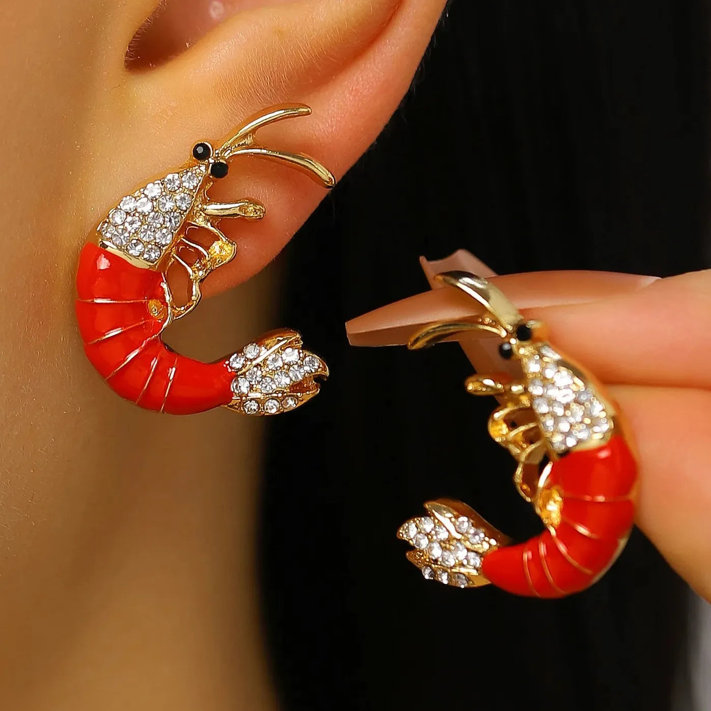 Vintage Red Drip Oil Lobster Zircon Drop Earrings Women Ocean Jewelry