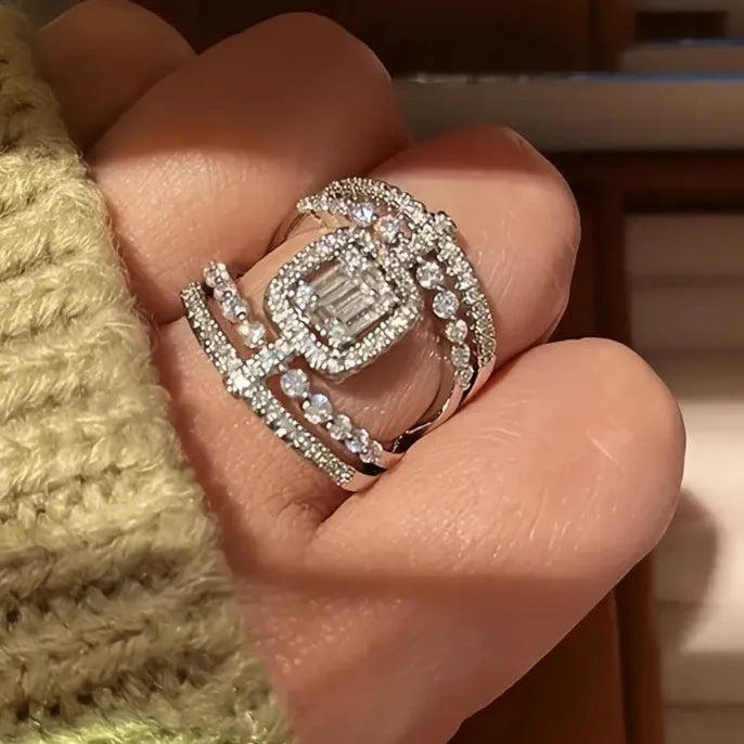 Brass Geometric Cubic Zirconia Wedding Cocktail Ring for Women