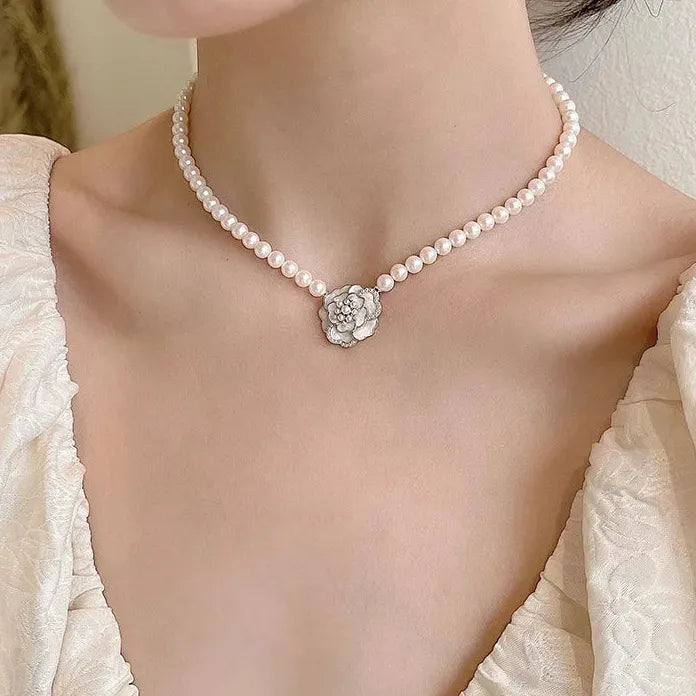 Vintage Camellia Pearl Pendant Necklace for Women Wedding Jewelry Gift