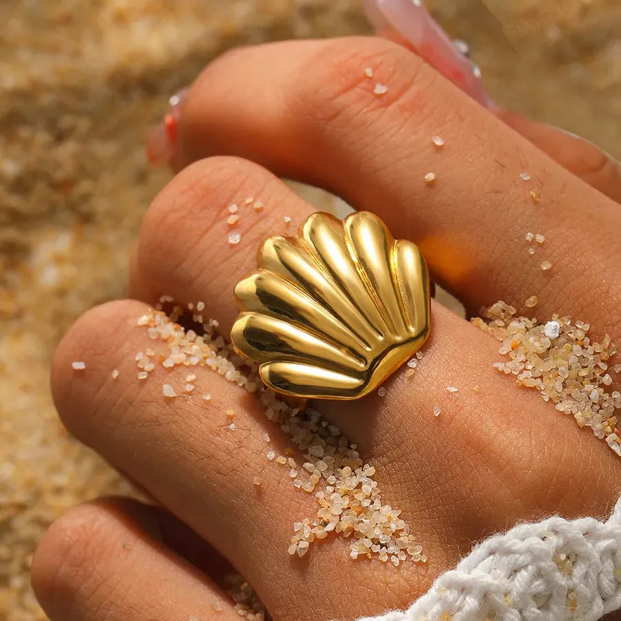 Vintage Stainless Steel Ocean Starfish Scallop Open Ring for Women Men Jewelry
