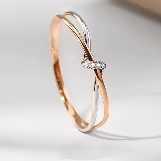 Two Tone Brass Geometric Wedding Band with Cubic Zirconia for Women